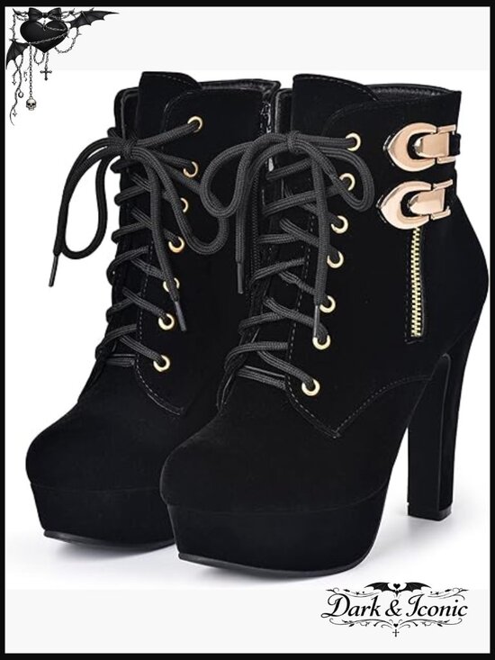 Shoes - Suede Platform Ankle Boots with Chunky Heel, Lace-Up Closure